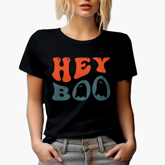 Hey Boo, Pun for Girlfriend, Boyfriend, Wife or Husband, Groovy Retro Wavy Text Merch Gift, Black T-Shirt, Small