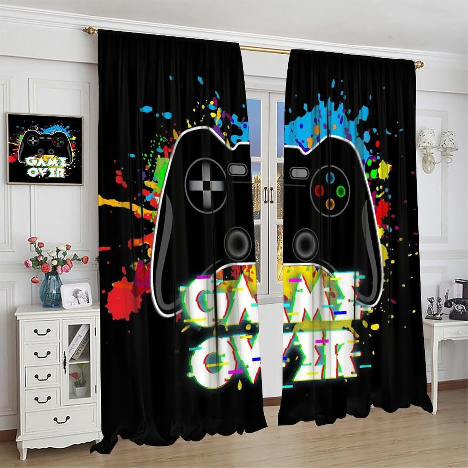 Gamer Blackout Curtains, Fun Colorful Graffiti Art Gamepad Neon Controller Print Rod Pocket Window Treatments Drapes for Boys Girls Teens Bedroom Living Room Playroom Decor 72x63in