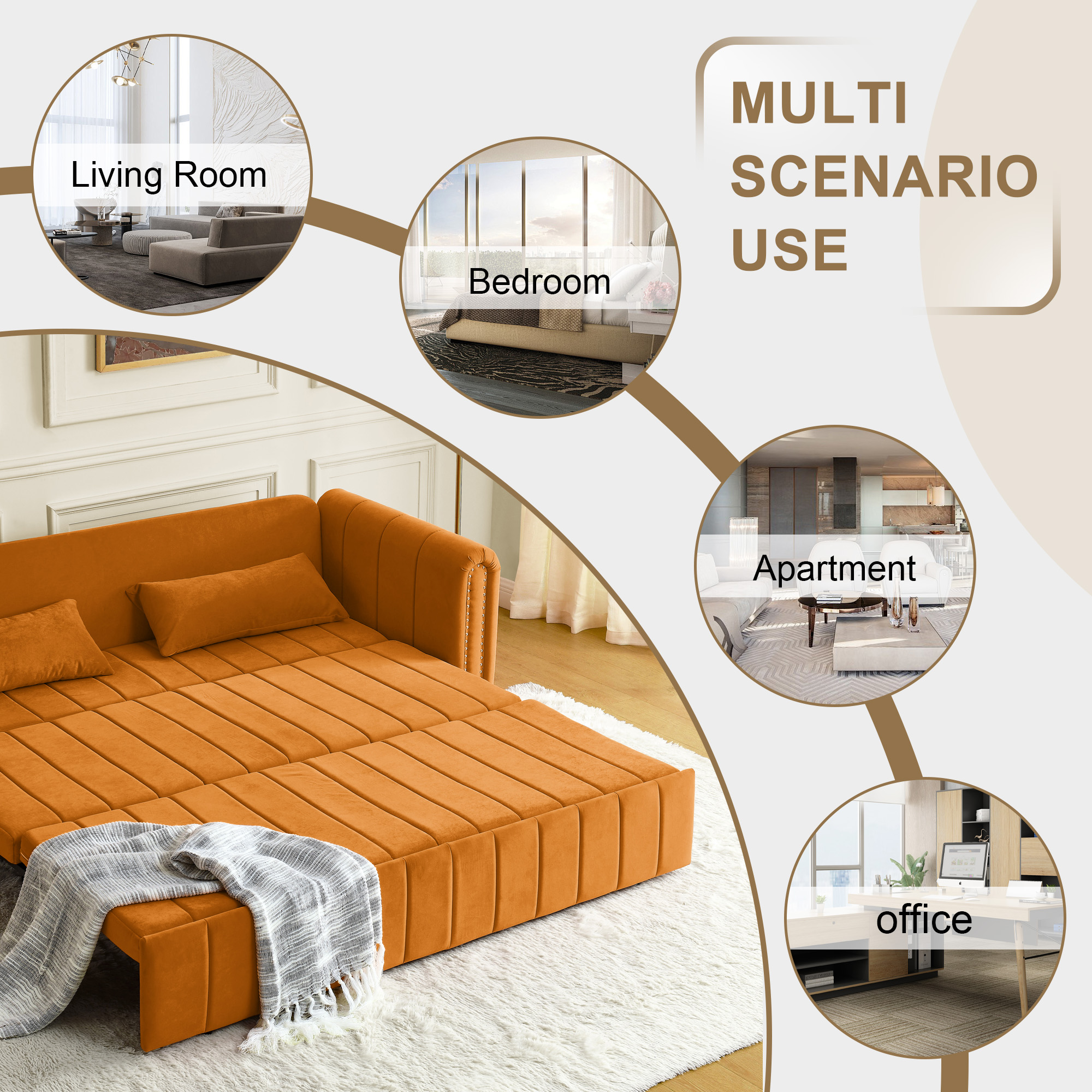 Aukfa 82" Pull Out Couch, Convertible 3 In 1 Sleeper Sofa Bed with Two Drawers, 3 Seater Sofa, Orange