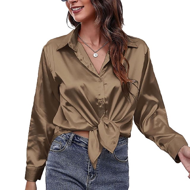 IROINID Chemises à Manches Longues Col en V pour Femmes Col Rabattu Couleur Unie Chemise de Détente Tee Tops, Kaki