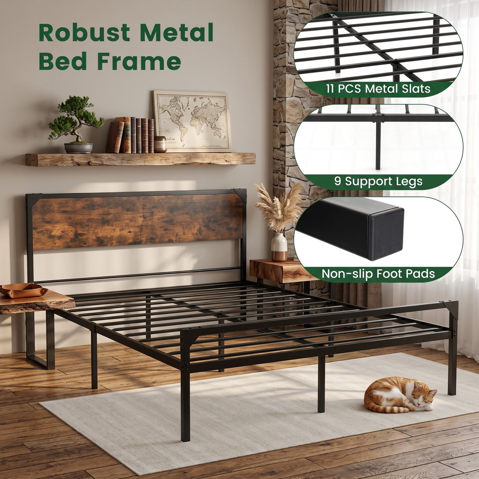 Furnibear Queen Platform Bed Frame with Rustic Wood Headboard and Footboard and Under-Bed Storage for Bedroom, Rustic Brown and Black