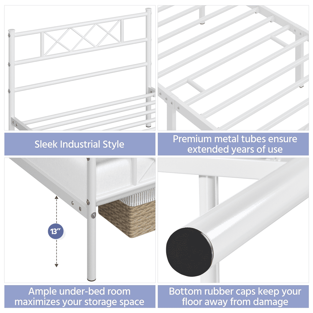 Fullfurnique Simple Metal Platform Bed Frame with Headboard and Footboard, Twin, White