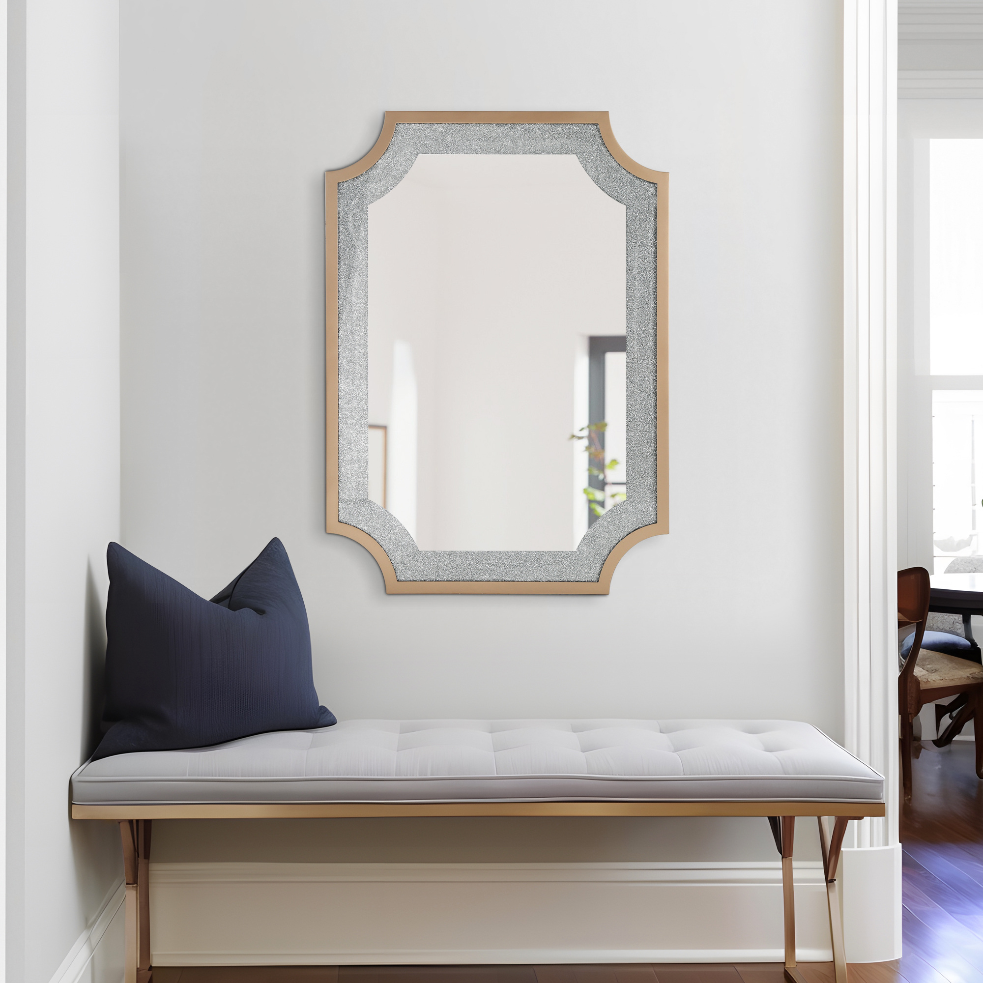 LNC 33.9"x47" Rectangular Gold Bathroom Wall Mirror with Rhinestone Inlay and MDF Frame