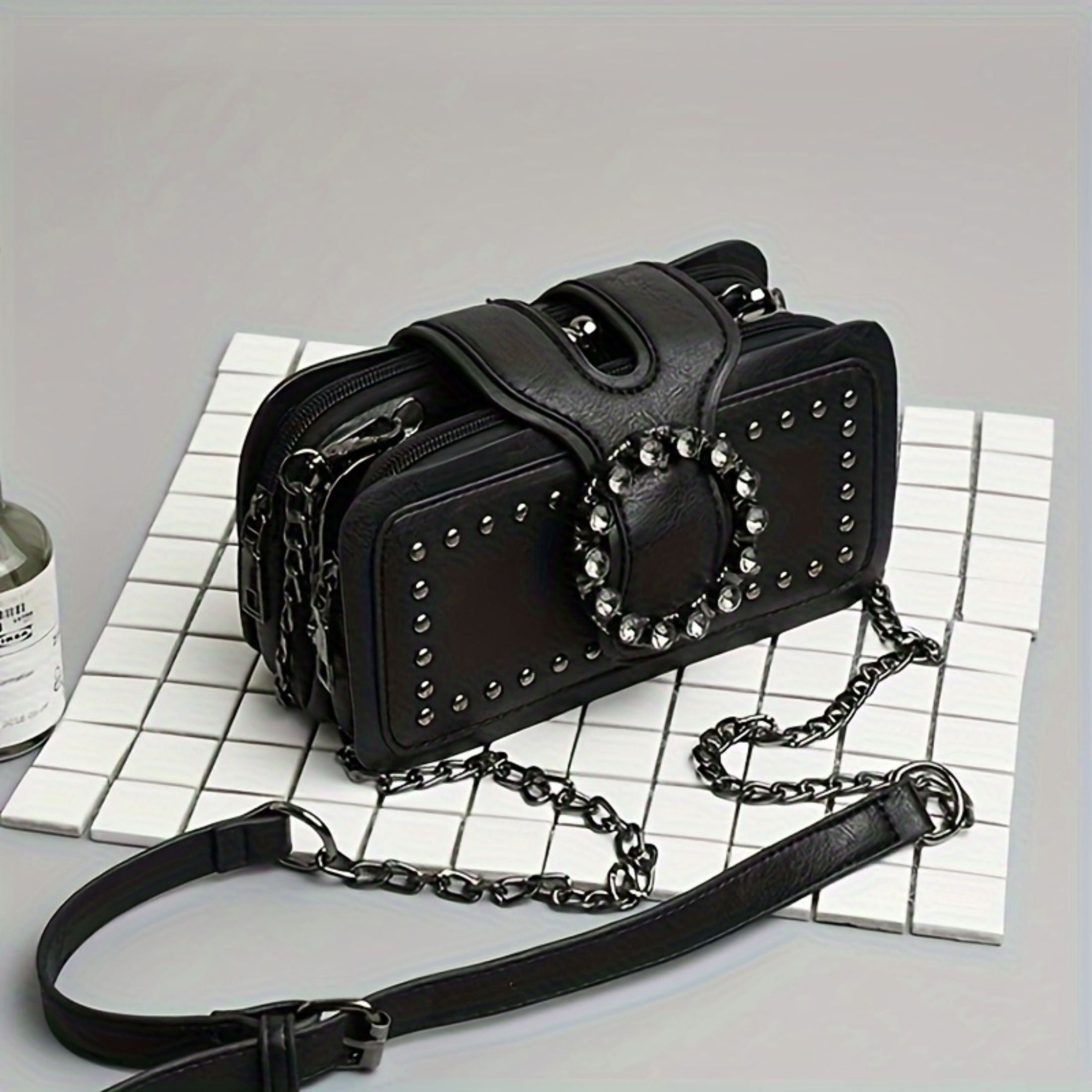 HMSHA Vibrant Retro Round Rhinestone Buckle Bag - Stylish Punk Design Square Crossbody Purse with Gothic Style Rivets, Adjustable Strap, and Spacious Interior for Women