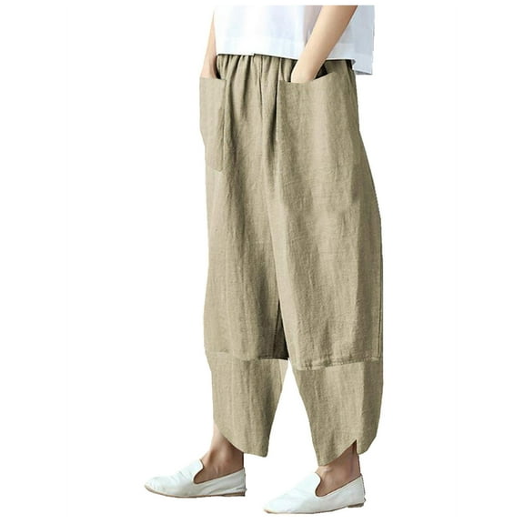 Women's Baggy Linen Wide Leg Trousers Solid Casual Patchwark Elastic Waist Harem Pants with Two Front Pockets