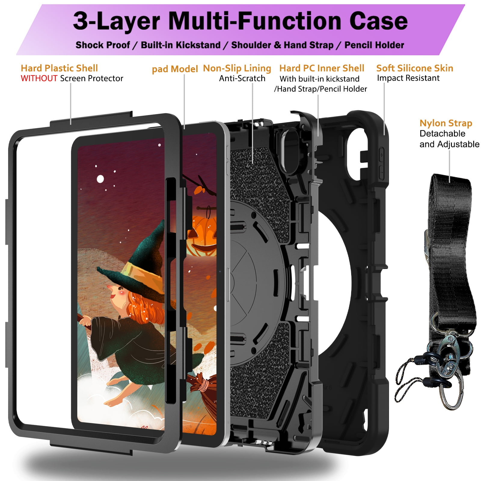 ELEHOLD Case for Apple iPad Air 11 (2024), Heavy Duty Shockproof Case with Pencil Holder/Stand/Hand Strap/Shoulder Belt, Rugged Protective Cover for Boys Girls,Black