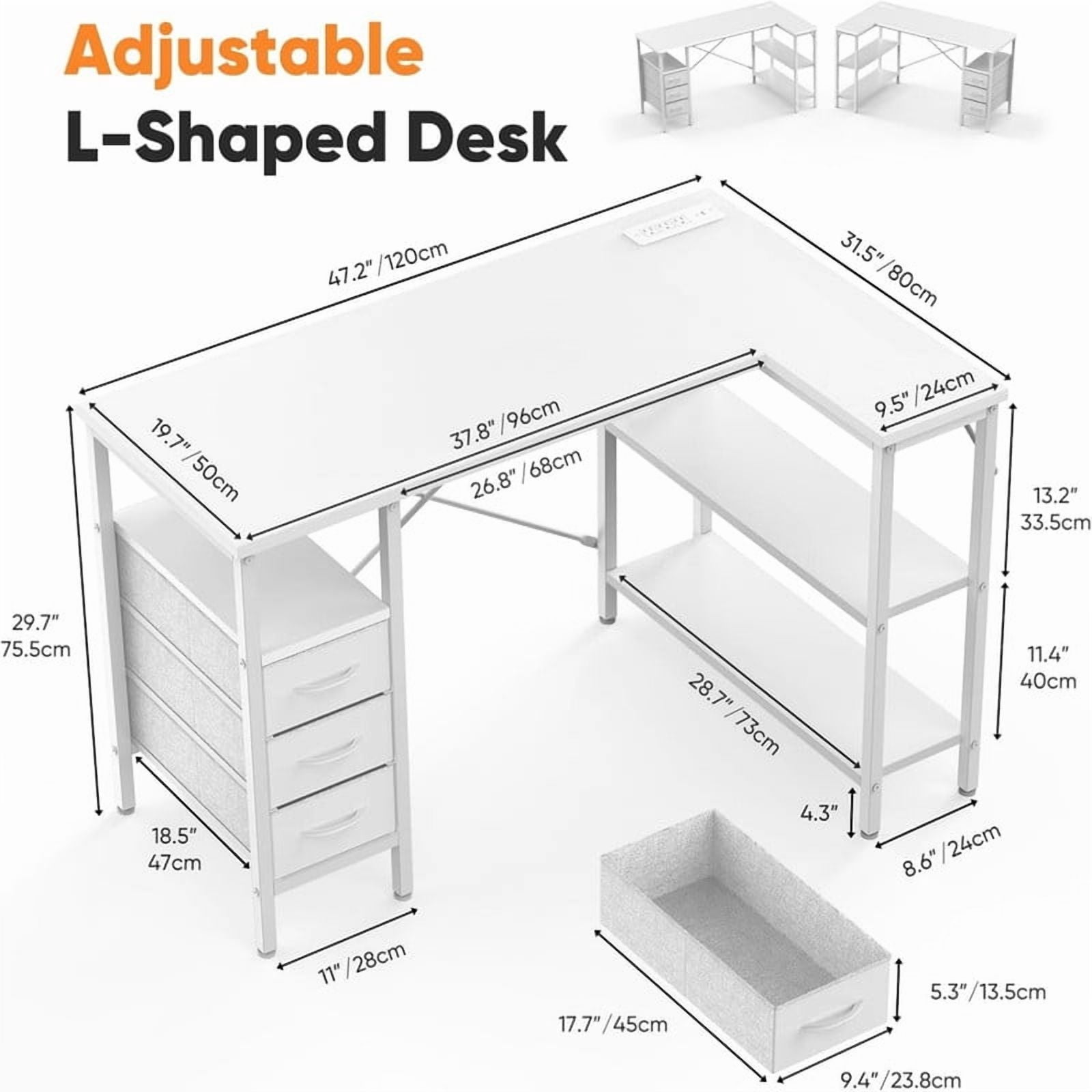 Kelno 47 Inch L Shaped Computer Desk with Power Outlets Adjustable Shelf 3 Fabric Drawer,White