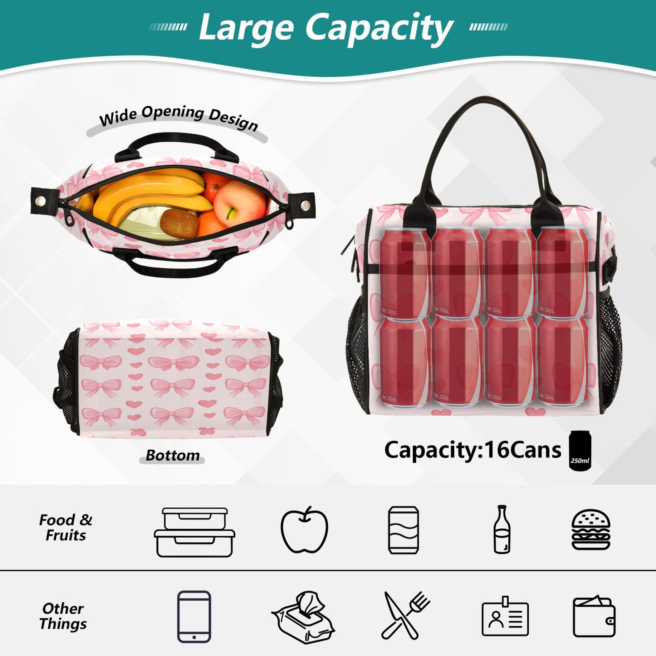 Small Cooler Bag Lunch Bag Portable Meal Bag Work Meal Bag Outdoor Meal Bag Travel Meal Bag Picnic Meal Bag Going Out Meal Bag Pink Bow
