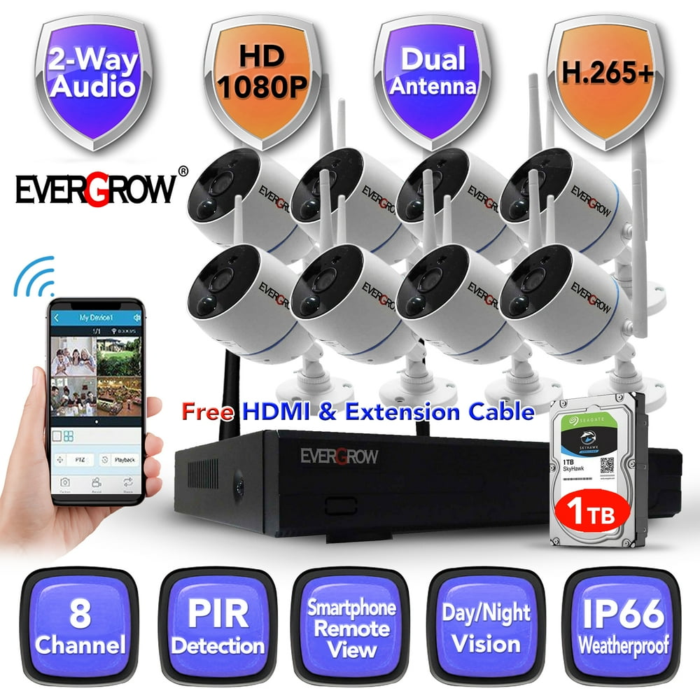 EverGrow Long Range Wireless HD 2K 3MP 1296P 8 Channel NVR Outdoor Home Surveillance System with