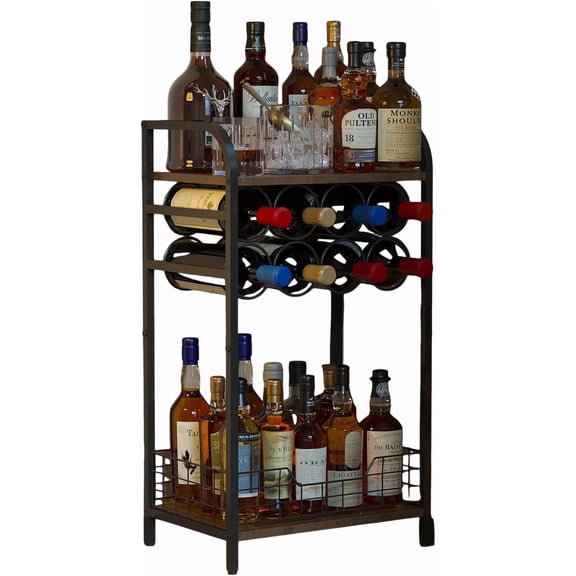 Huxidaja 3-Tier Freestanding Wine Rack Corner Bar Cabinet, 12 Individual Wine Storage Bottle Compartments Liquor Storage Holder, Rustic Brown