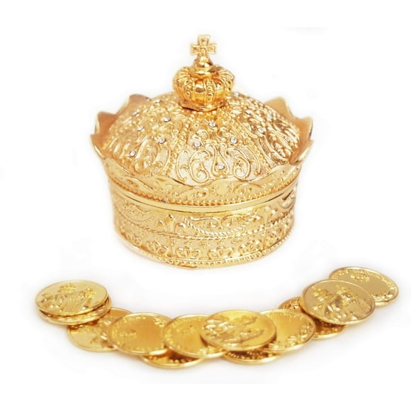 Elegant Gold Crown Wedding Arras with 13 Coins Set