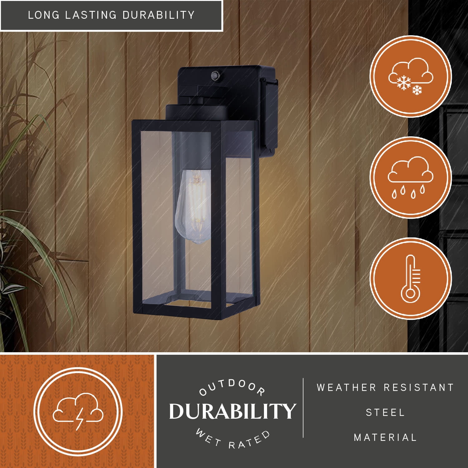 Lombard 1 Light Dusk to Dawn Black Contemporary Outdoor Wall Lantern with Integrated GFCI Outlet