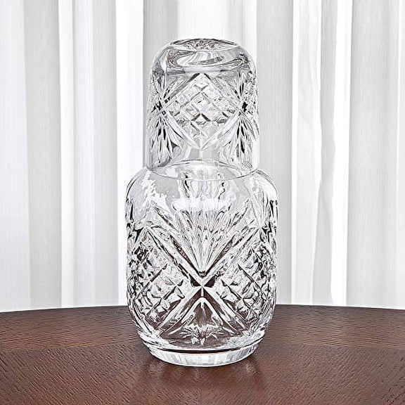 Crystal Bedside Night Carafe Pitcher and Water Glass Tumbler Set, Bedroom Nightstand Water Pitcher and Cup Set