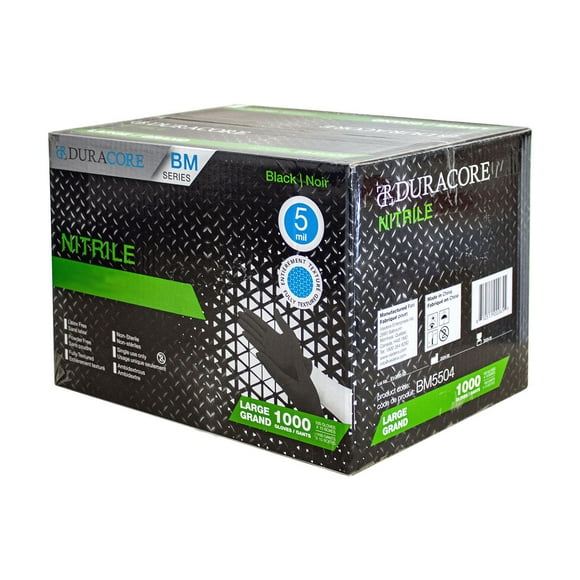 Black Nitrile Gloves Large Size - 10 Packs of 100 (1,000 Total) - Disposable Textured Grip Work Gloves Duracore BM5504