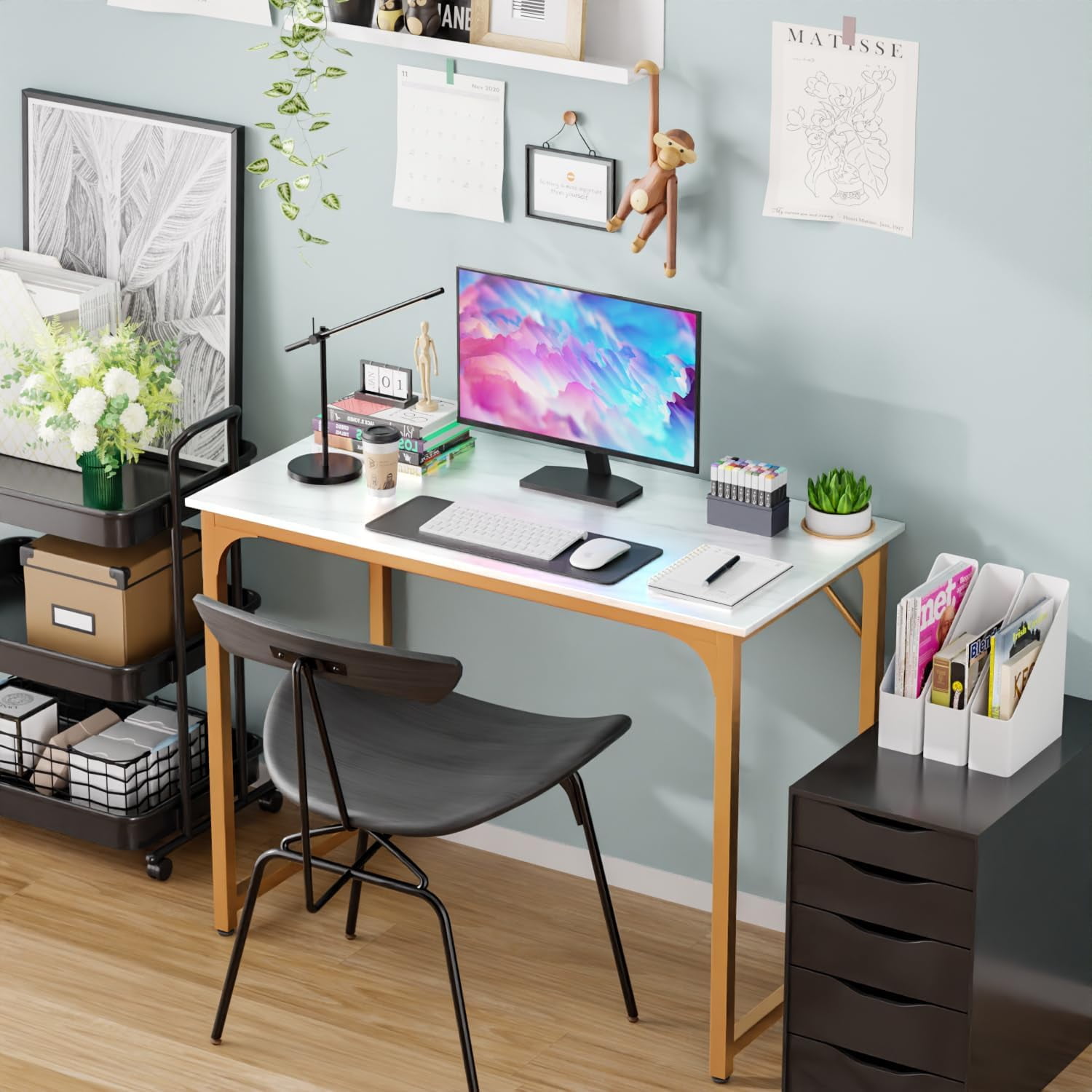 BestOffice 39 inch Computer Desk Modern Writing Desk, Simple Study Table, Industrial Office Desk, Sturdy Laptop Table for Home Office,Gold