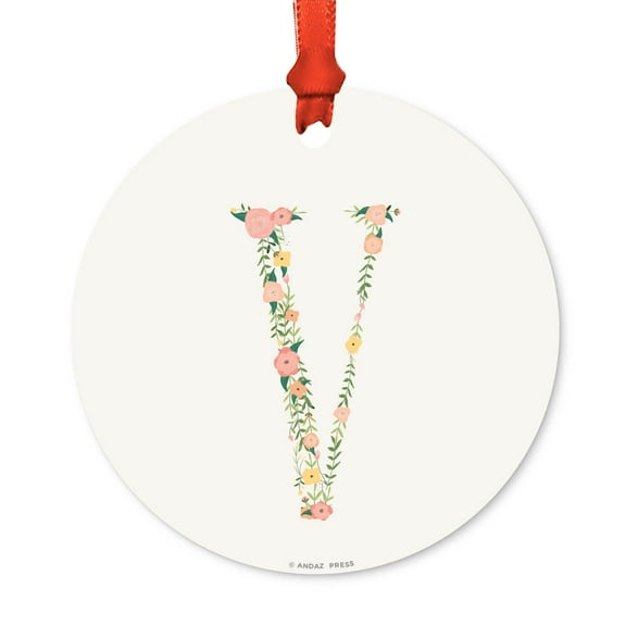 Floral Family Monogram Metal Christmas Ornament, Coral Peach Floral Roses, Letter V, Includes Ribbon and Gift Bag