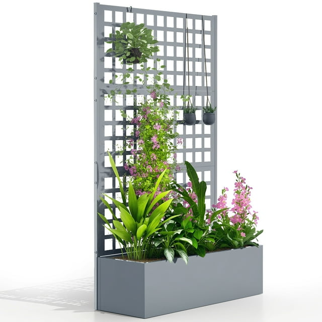 Outsunny Galvanized Planter Box with Trellis, 43"x16"x70" Grey Wood Effect