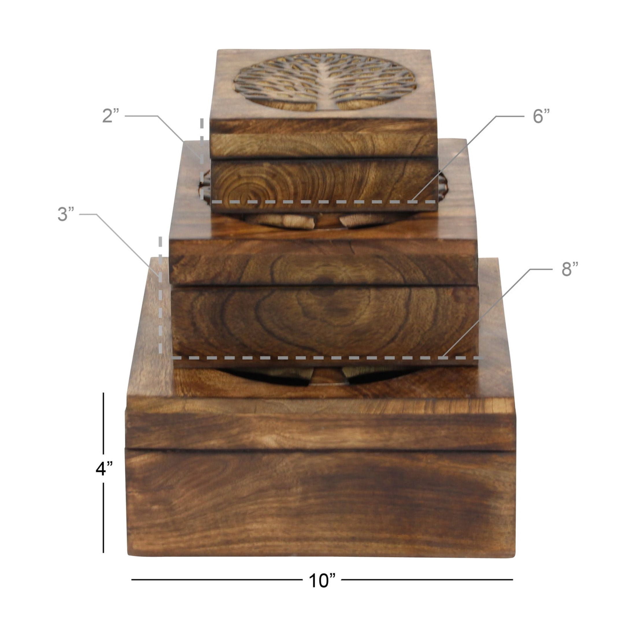 DecMode Tree Handmade Brown Wood Decorative Box with Hinged Lid, 3 Count