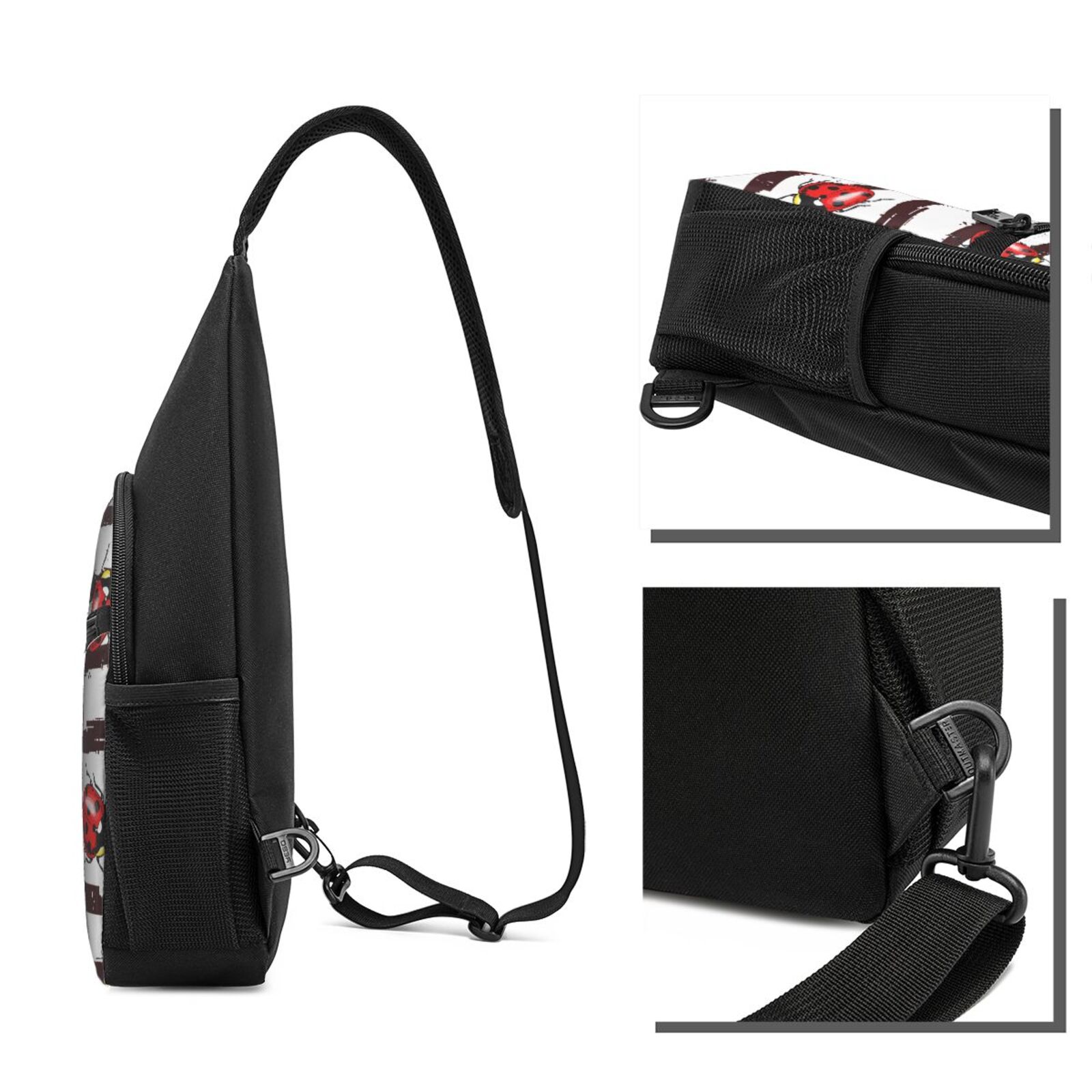 Xecao's Ladybugs on Black and White Striped1 Print Sling Bag: A Versatile Chest, Shoulder, and Crossbody Backpack for Casual Days Out, Perfect for Both Men and Women