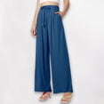 thumbnail image 2 of Ladies Pants Casual High Waisted Drawstring Linen Wide Leg Beach Pants With Pockets Pure Color Women’S Pants Blue M, 2 of 4