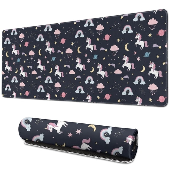 Long Mouse Pads for Desk,Blue Cartoon Unicorn Moon Cloud Rainbow Planet Desk Mats on Top Of Desks, Desk Mouse Pad Extra Large with 3mm Non-Slip Base and Stitched Edge for Gaming,Work,Home 31.5"x11.8"
