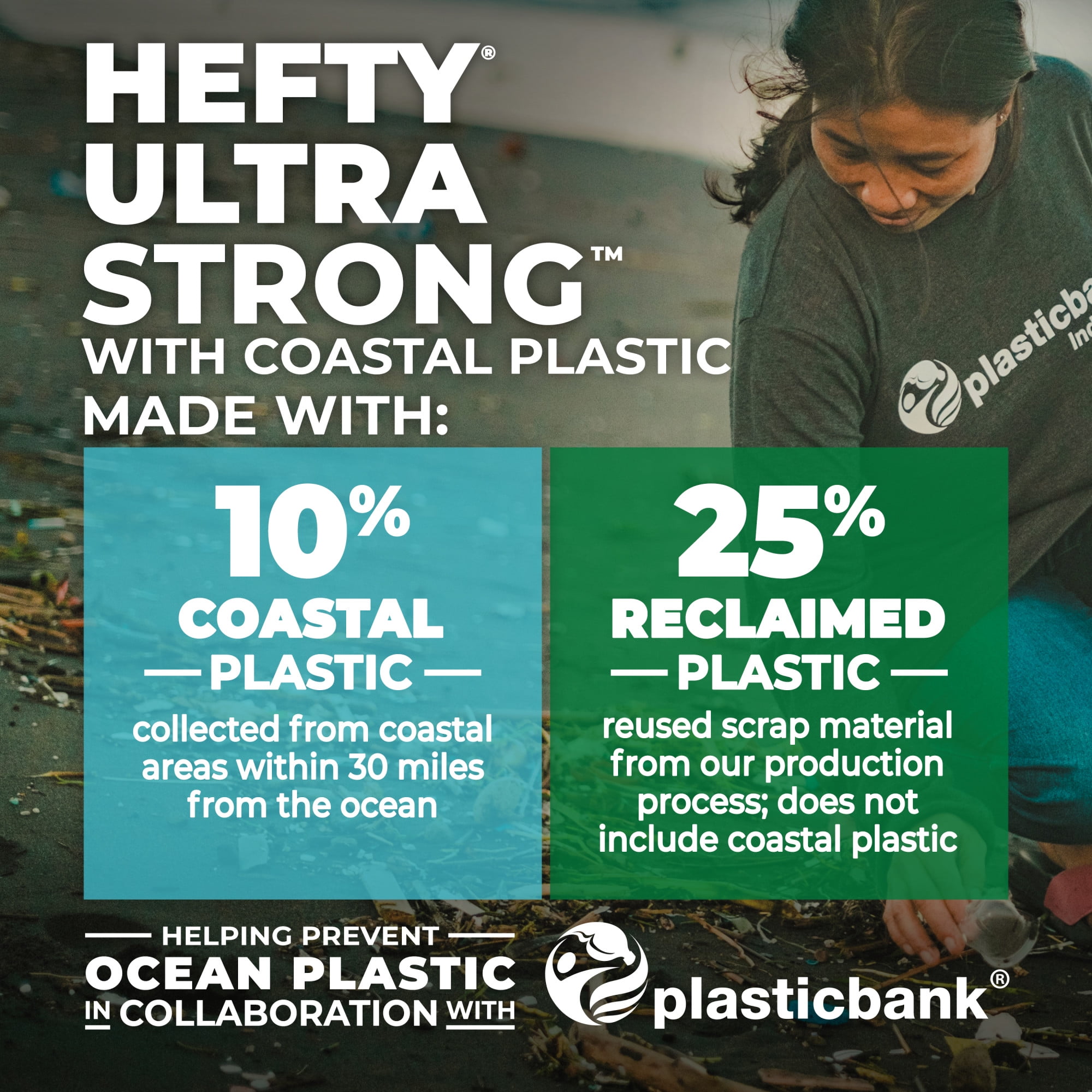 Hefty Ultra Strong 30 Gallon Trash Bags, Multipurpose Large Trash Bags Made with Recovered Materials, Including Coastal Plastic, Black, Seaside Breeze Scent, 20 Bags