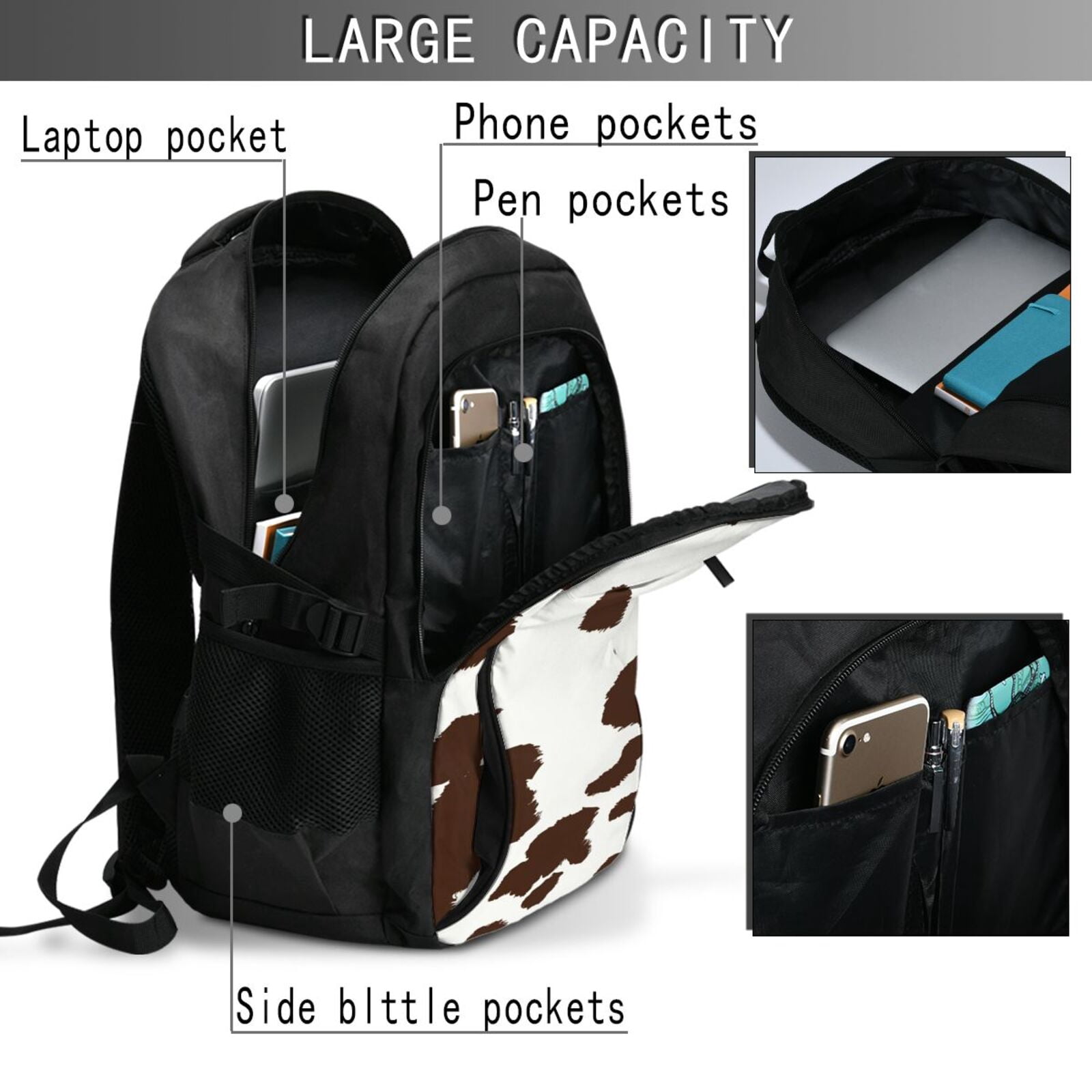 Horeoi Brown Cow Print USB Backpack for Travel School Work with Laptop Compartment Charging Port and Anti-Theft Pocket