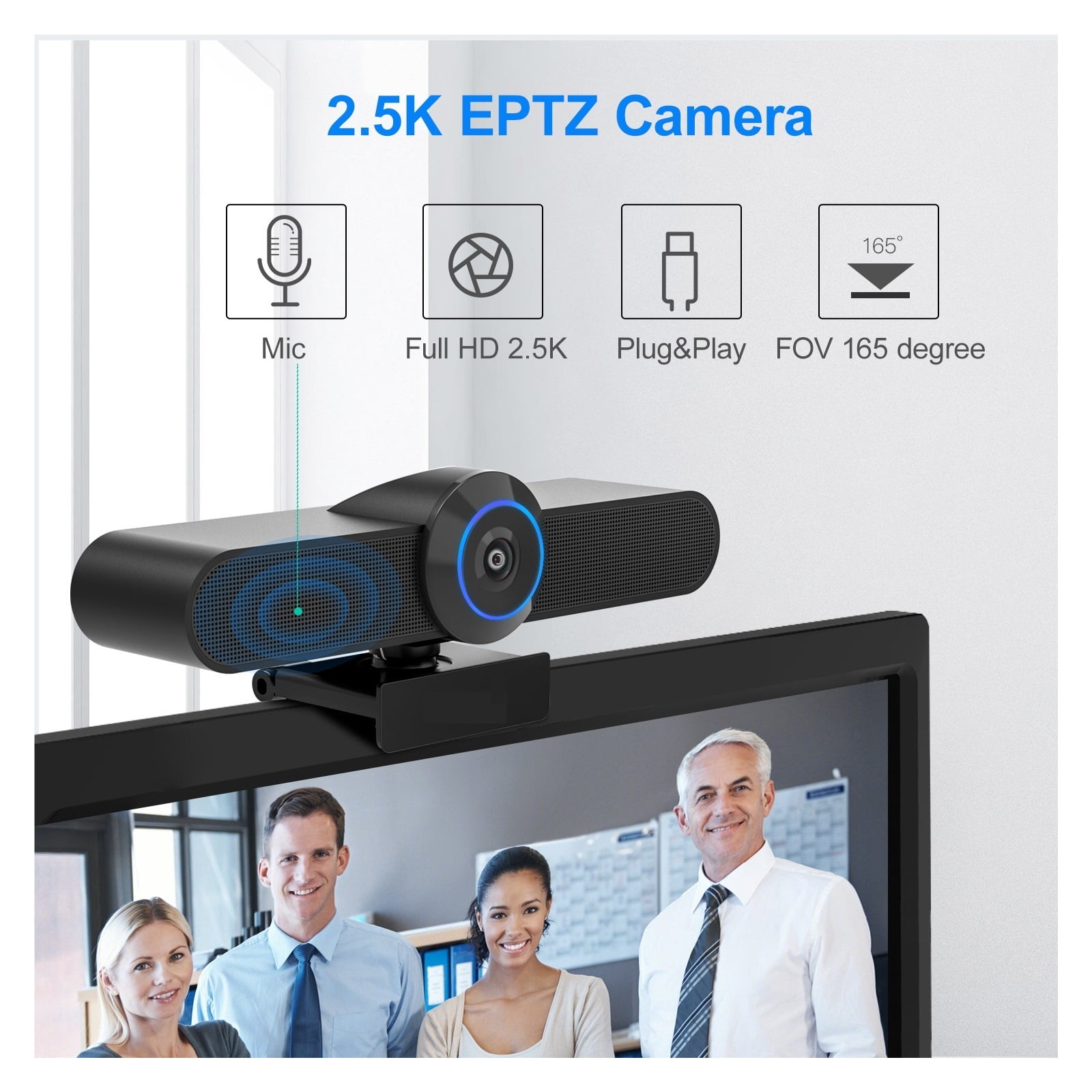 2.5K USB Webcam With 4x Digital Zoom Conference Cam 165 Degree FOV 3 Presets For Living Meeting Education PC, TV ,HD Video