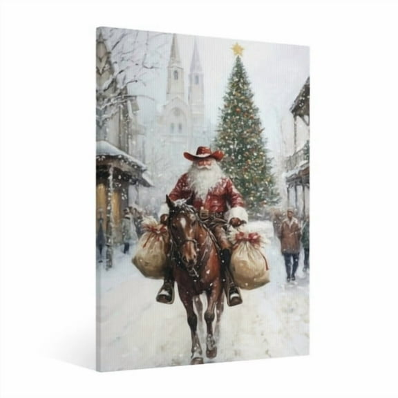 Vintage Christmas Cowboy Santa Claus rides horses to give gifts Wall Art Paint Framed - Xmas Festive Winter Holiday Christmas Wall Decor Canvas Print for Living Room Kitchen Bathroom Home  Decor