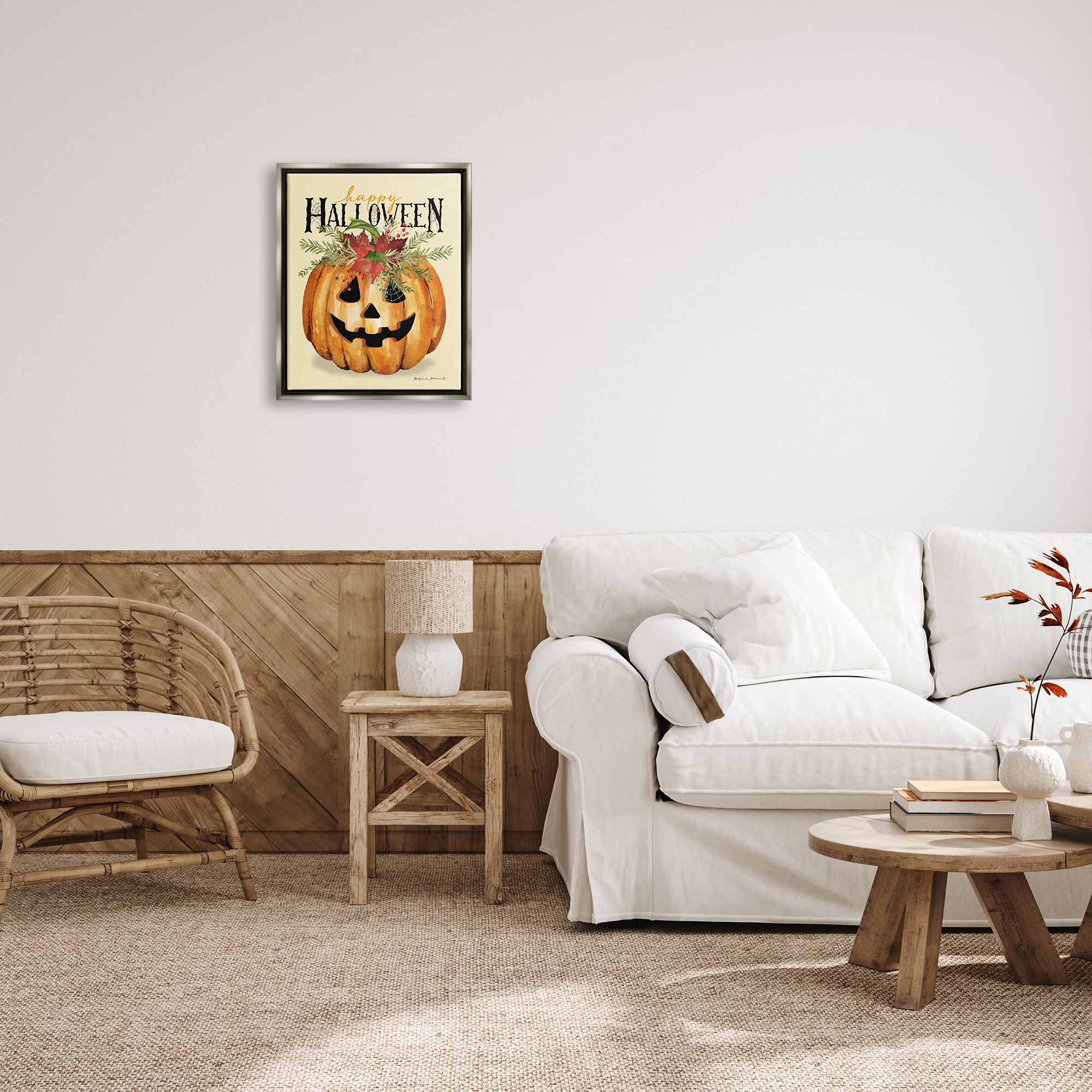 Stupell Industries Happy Halloween Jack-o-Lantern Holiday Painting Gray Floater Framed Art Print Wall Art