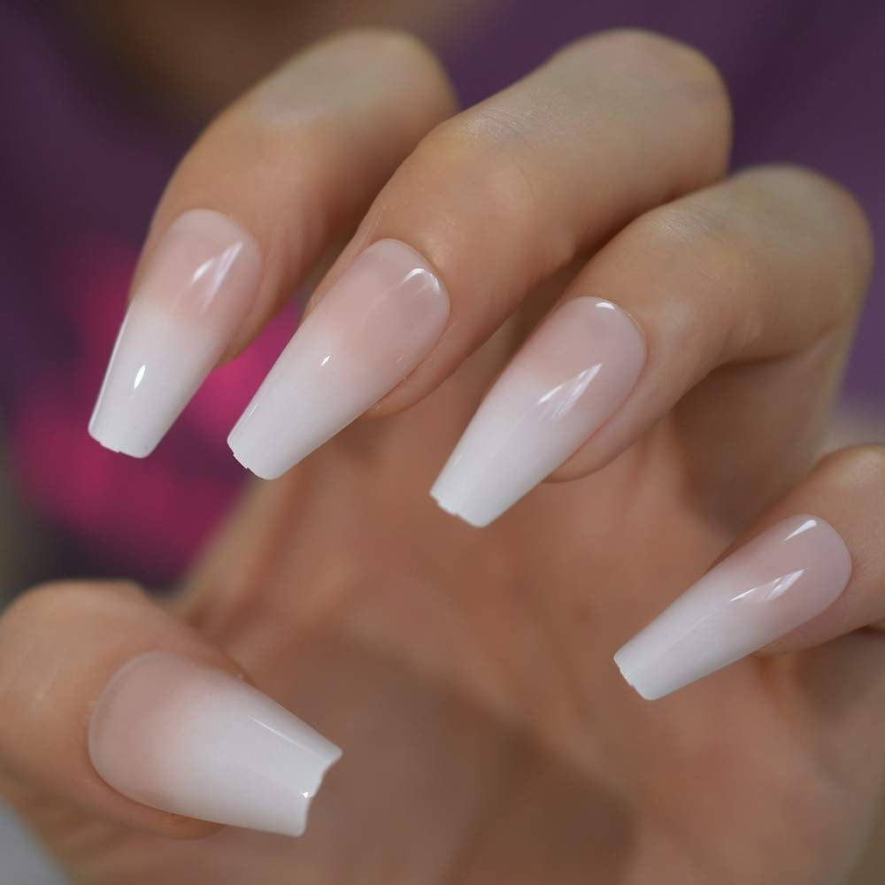 Glossy Ombre Pink Nude White French Ballerina Coffin False Nail Gradient  Natural Press On Ballet Fake Nails Tips Reusable Wear - Walmart.Com