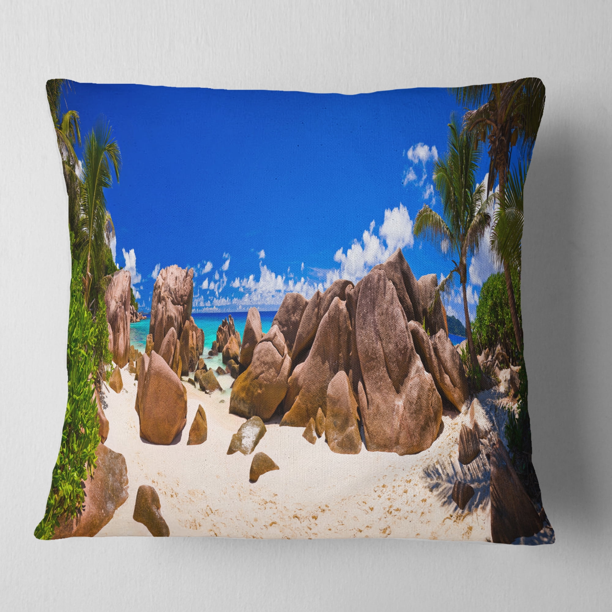 Designart Rocky Tropical Beach Panorama - Landscape Photography Throw Pillow - 18x18
