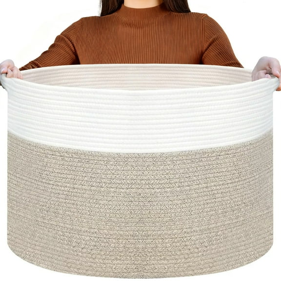 Aovky Large Blanket Basket with Handle, 21.6" x 21.6" x 13.7" Woven Blanket Storage Basket for Living Room, Cotton Rope Laundry Basket Hamper for Organizing Clothes, Pillows, Towels