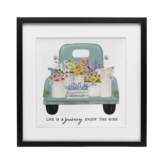 Enjoy Ride Floral Truck Black Framed Print Under Glass, design by Lettered and Lined
