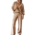 thumbnail image 3 of CILENON Womens 2 Piece Outfits Women's Spring And Autumn Leisure Loose Sleeve V Neck Top High Waist Wide Leg Pants Set 2 Piece Sweatshirt Womens Loungewear (Coffee,XXXL), 3 of 4
