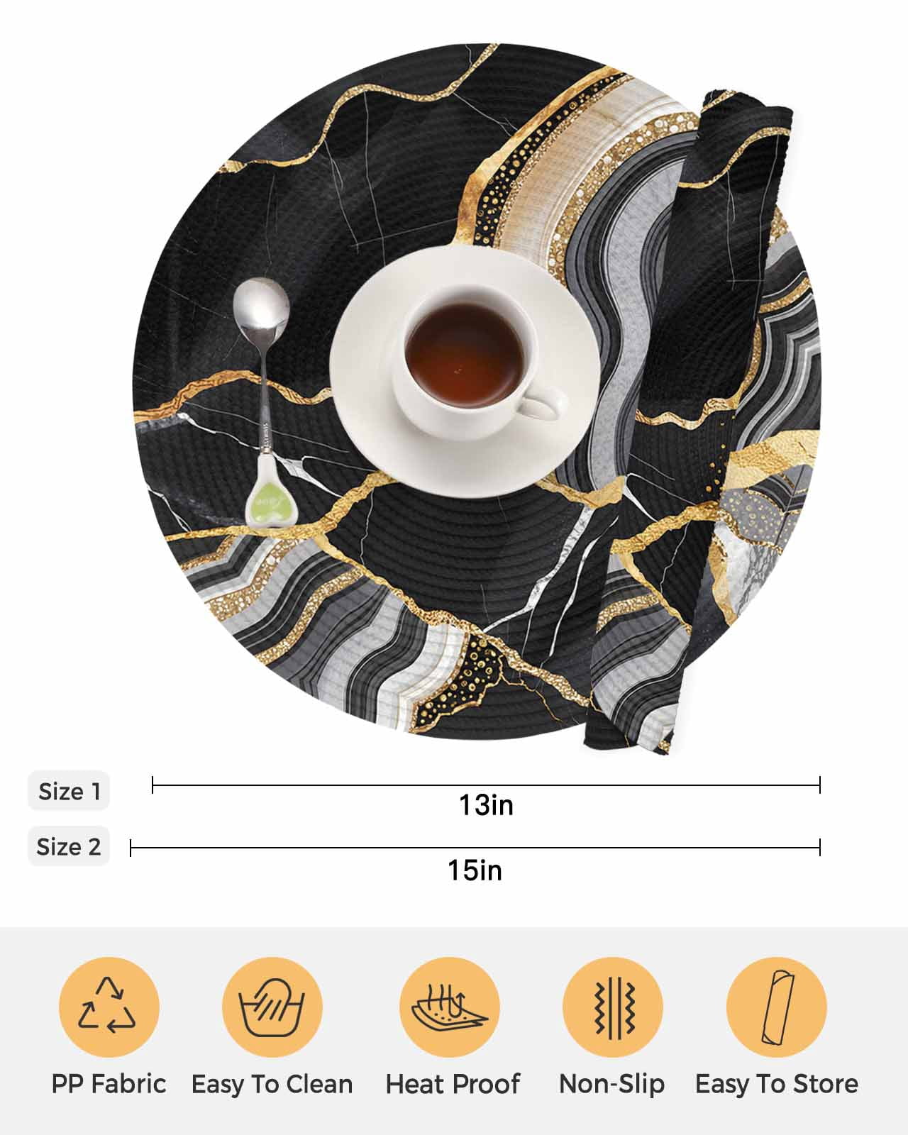 Round Placemats Set of 4 Black Marble Texture Place Mats Washable Woven Placemat Abstract Gold Fluid Circle Braided Table Mat for Kitchen Dining Table Party Home Decor 15 Inch