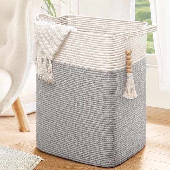 DIYMAG 60L Larger Laundry Hamper, Woven Cotton Rope Laundry Hamper for Decor Storage of Dirty Clothes,Toys and Blankets(Gray,16x13x22in)