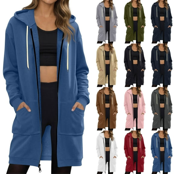 Long Fleece Hoodies for Women Casual Zip Up Long Tunic Sweatshirt Oversized Long Sleeve with Pockets Warm Fall 2025 Hooded Jacket Coat Size S-2XL​ Army Green L