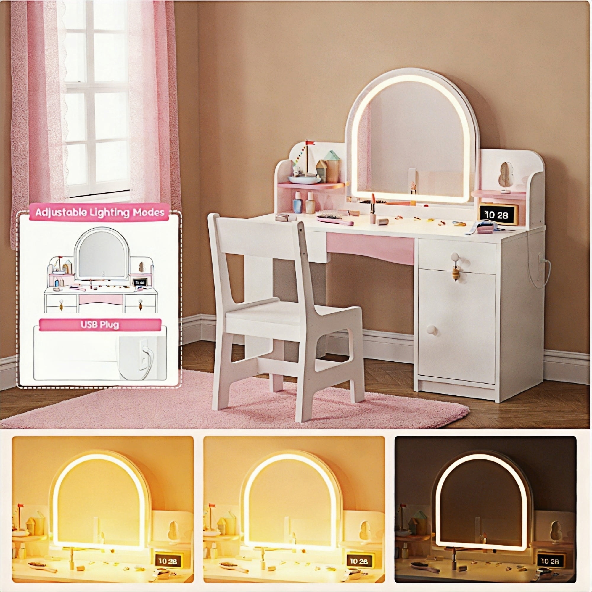 Haewon 35" Kids White Vanity with Lighted Mirror & Charging Station, Kids Vanity Table and Chair Set with Storage Cabinet & Drawers, Vanity for Kids, White