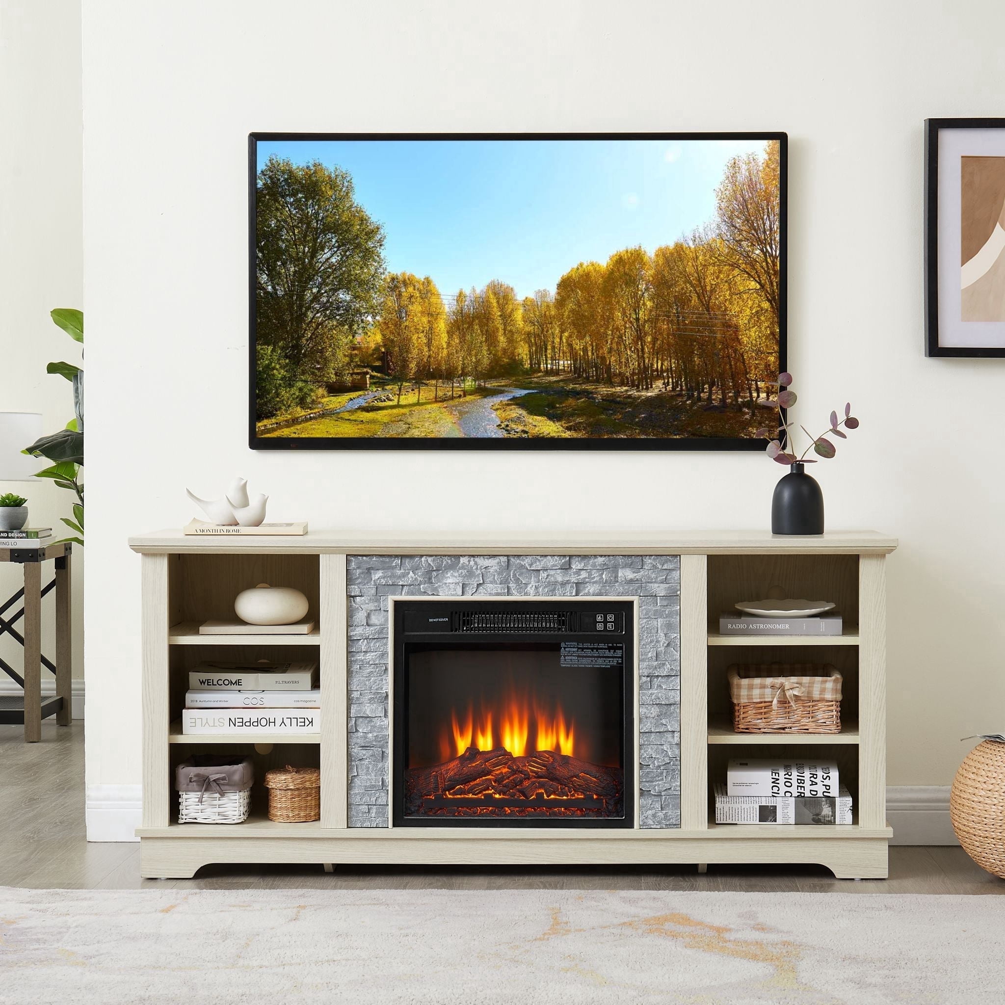Eyisean 58" W Wooden Entertainment Center with Fireplace, Faux Stacked Stone Surround, TV Stand with 18'' Electric Fireplace, TV Console Table for Living Room