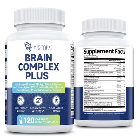 Migcopat 15-in-1 Brain Supplement Supports Mental Clarity Cognitive Health & Neuro Function Non-GMO Gluten Free 120 Capsules