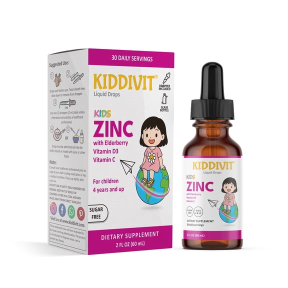 Kiddivit Zinc Liquid Drops for Kids with Elderberry, Vitamin D3 & C – 30 Daily Servings, 2 Fl Oz (60 mL) – Inulin Fortified (Prebiotic, Dietary Fiber) – Sugar Free, Gluten Free, Vegetarian Friendly