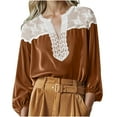 thumbnail image 2 of XUNKUSGA Women's Blouses Fashion Lace Velvet Patchwork Color Block Tops for Women Loose Vintage Lantern Sleeve Womens Blouses Soft Long Sleeve V Neck Women's Tops Brown, 2 of 5