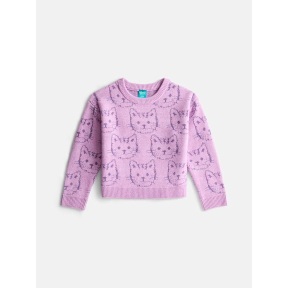 Wonder Nation Girls' Critter Print Sweater with Long Sleeves, Sizes 4-18 & Plus