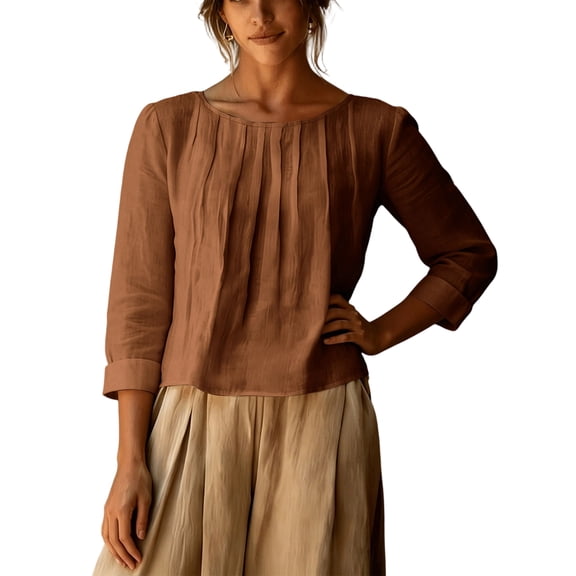Womens Solid Pleated Crewneck 3/4 Sleeve Shirt Casual Spring Fall Y2K Vintage Comfy Basic Trendy Office Work Brown S