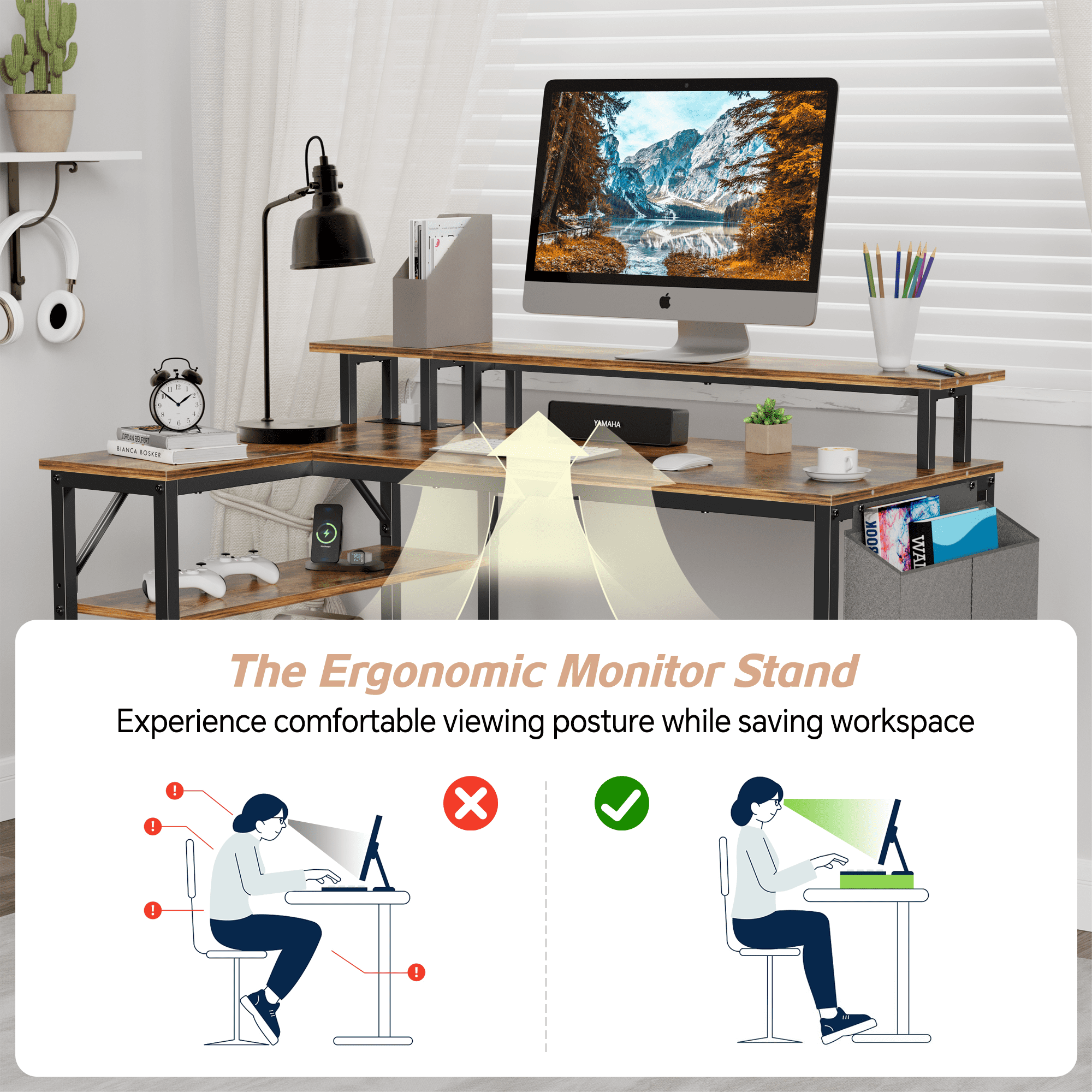 Mr IRONSTONE L-Shaped Desk with Power Outlets & Monitor Stand, 47 inch, Rustic Brown