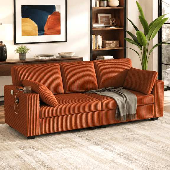 Rophefx 80" 3 Seater Sofa with USB Ports,Cup Holders, Corduroy Deep Seat Sofa Couch for Living Room Apartment Bedroom,Orange