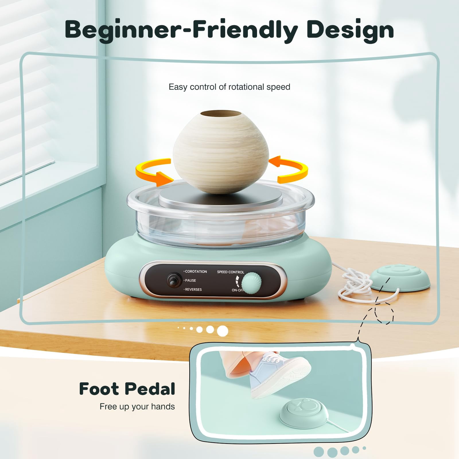 Mini Pottery Wheel Kit - 4.7" Turntable Electric Clay Wheel with Foot Pedal, Adjustable Speed Ceramic Making Machine with 8 Pottery Shaping Tools, Craft Kits for Kids