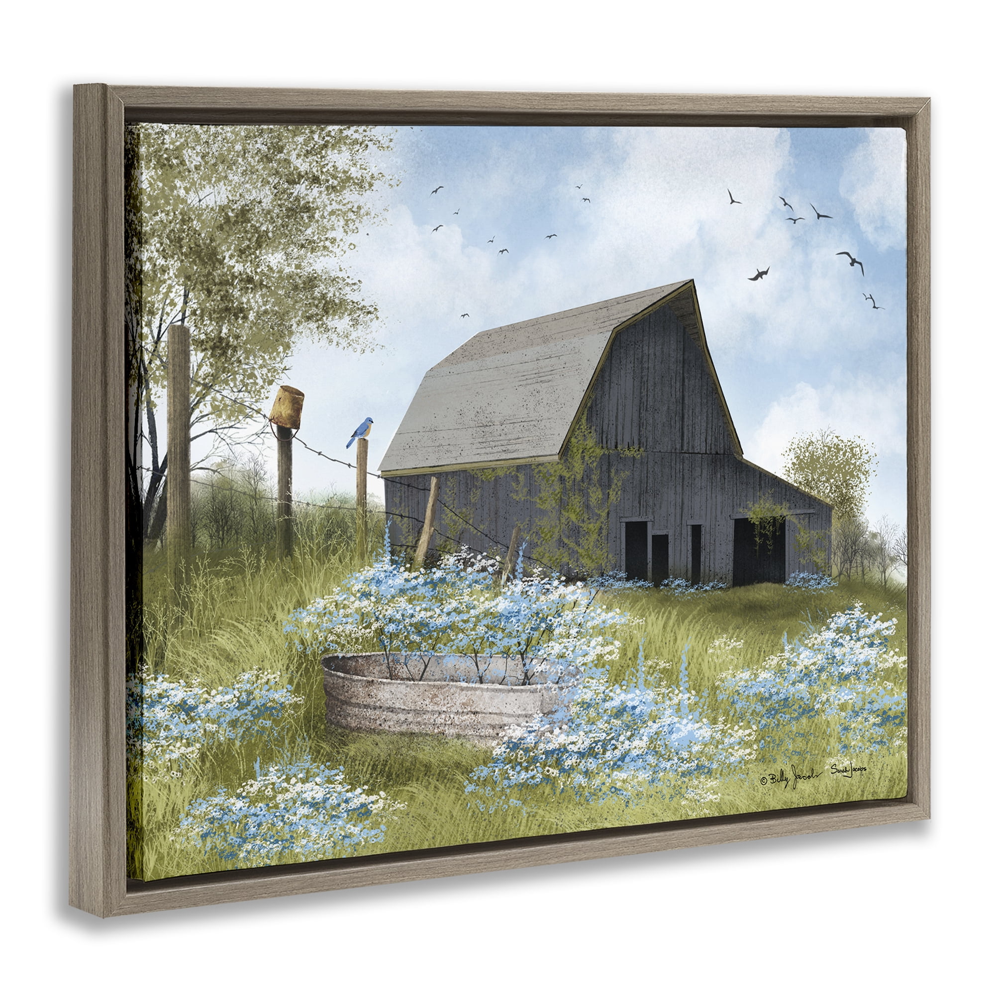 Stupell Industries Blue Floral Country Garden Landscape & Nature Painting Brown Floater Framed Canvas Art Print Wall Art, 21 x 17