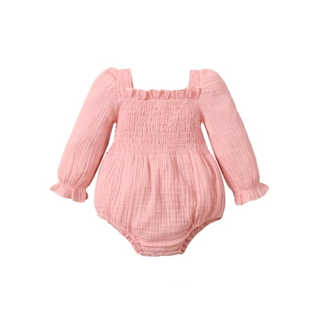 

Infant Baby Girl Solid Color Romper Newborn Square Collar Chest Pleated Clothes Ruffled Cuffs Crotch Snaps Jumpsuit
